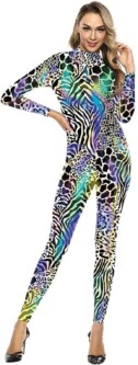 Vibrant animal print bodysuit featuring a mix of zebra, leopard, and snake patterns in bold, multicoloured tones, perfect for a statement look or costume party