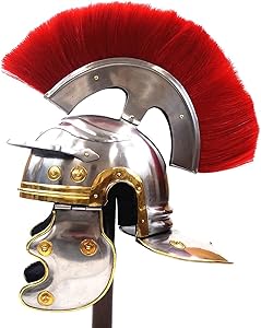 Authentic replica of a Roman Centurion helmet featuring a polished metal finish, gold accents, and a striking red crest, ideal for historical re-enactment's, cosplay, or display