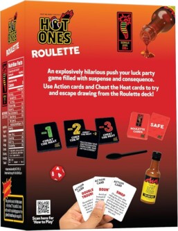 Hot Ones Roulette game box featuring a spicy and suspenseful party game, complete with action cards, a die, and a bottle of hot sauce for fiery fun and thrilling challenges