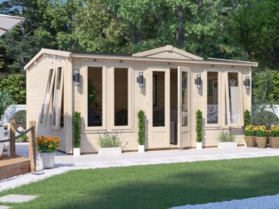 Charming She Shed with a modern design, featuring large windows, double doors, and surrounded by greenery and flowers, perfect for a relaxing garden retreat or workspace