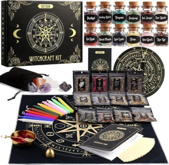 Deluxe witchcraft kit featuring spell candles, crystals, herbs, a pendulum, a ritual cloth, and magical tools, designed for beginners and experienced practitioners of the craft.